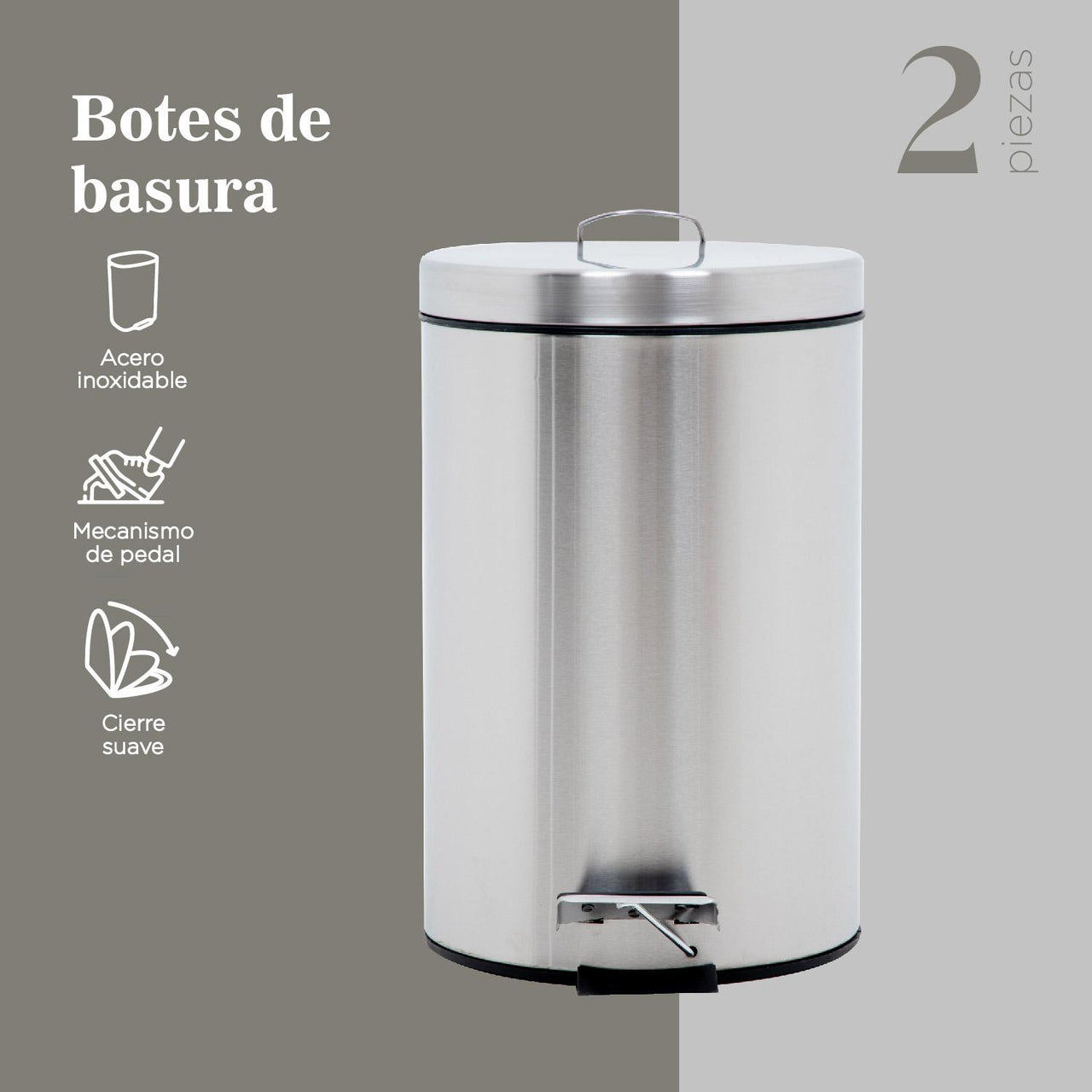 Set Botes de Basura 7 y 12 Litros Acero Inox C/Pedal Cocina