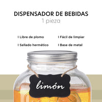 Thumbnail for Dispensador Bebidas 5 Litros Mason Jar Vitrolero Base Metal