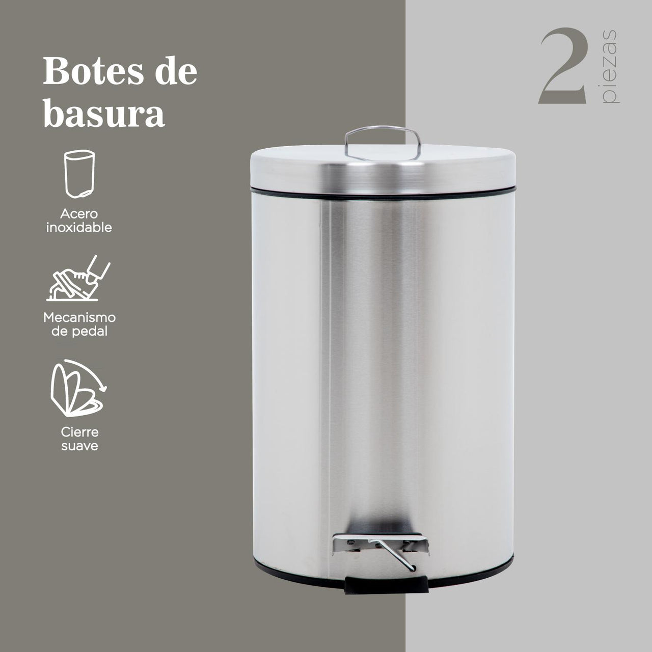 Botes de Basura 7 litros C/Pedal Acero Inoxidable Metálico Cocina 2 piezas