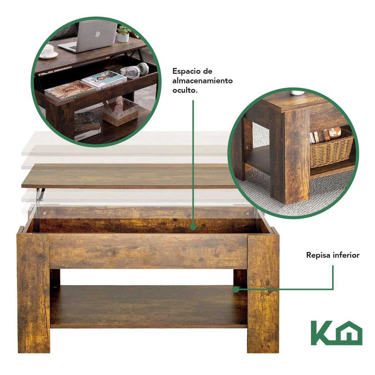 Mesa de Centro Elevable De Madera Con Compartimento Oculto