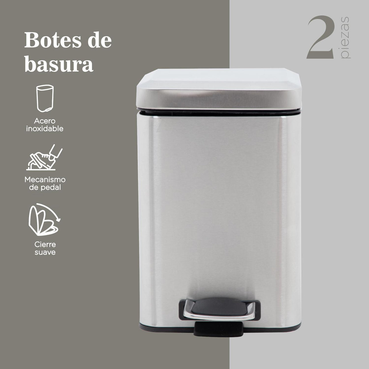 Botes de Basura 6 Litros Acero Inoxidable Metálico Cocina Oficina 2 piezas