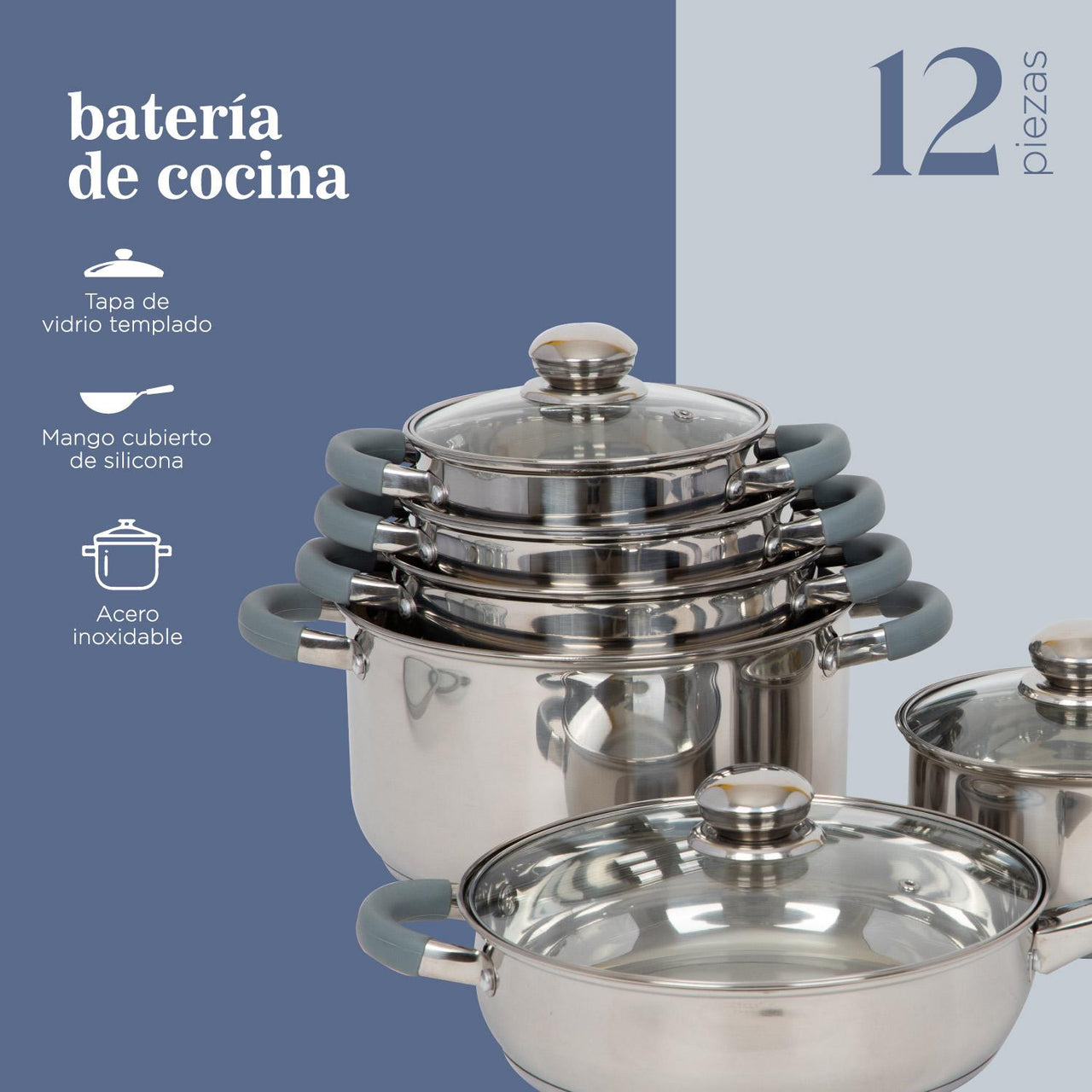 Batería De Cocina 12 Piezas Acero Inoxidable Triple Capa Inducción